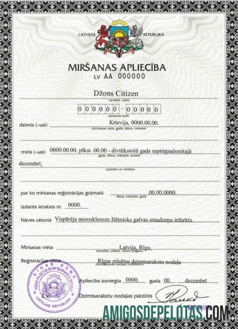 Imprimível modelo de certidão de óbito da Letônia em formato PSD, totalmente editável